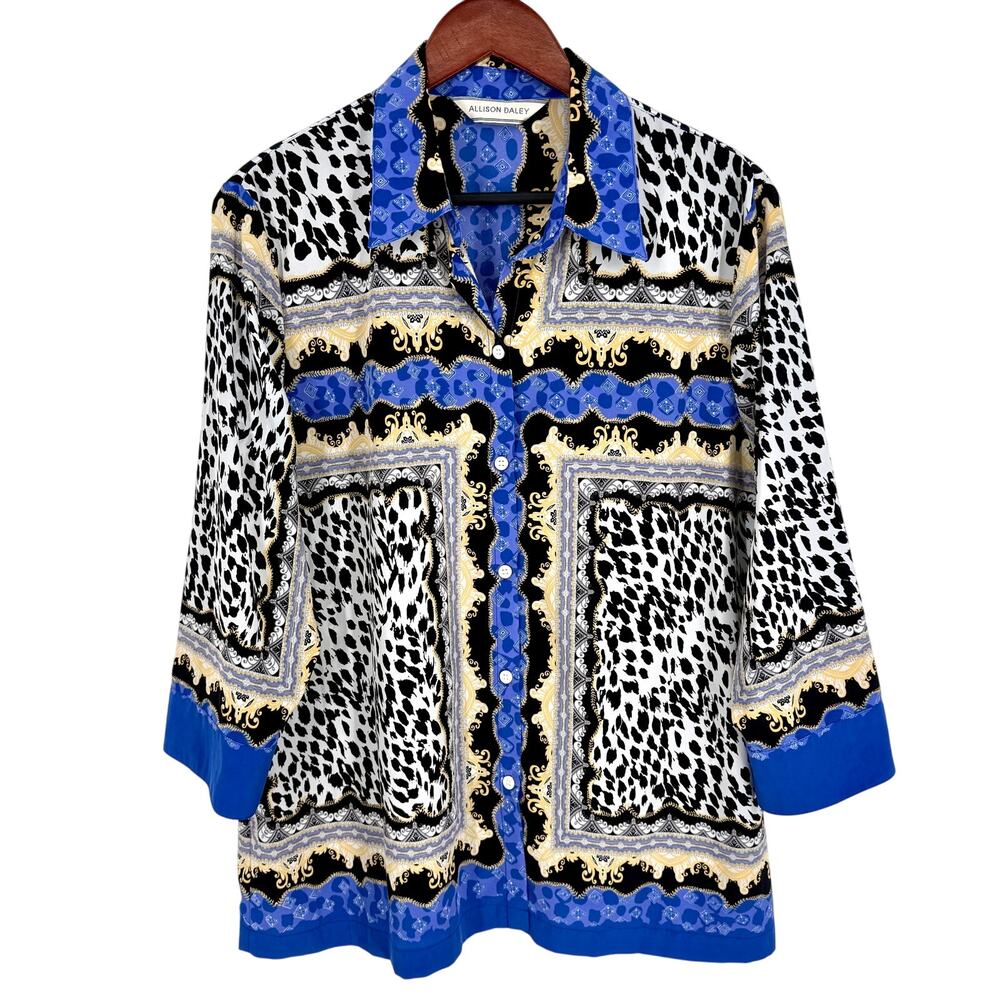 Allison Daley Sz Large Blue Artsy Animal Print Unique Blouse Shirt Top Mature